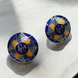 Vintage Round Enamel on Metal Pierced Earrings Geometric Shapes Gold Tone